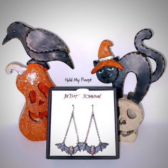 Betsey Johnson Halloween Iridescent Rhinestone Bat Goth Costume Earrings - Picture 4 of 6
